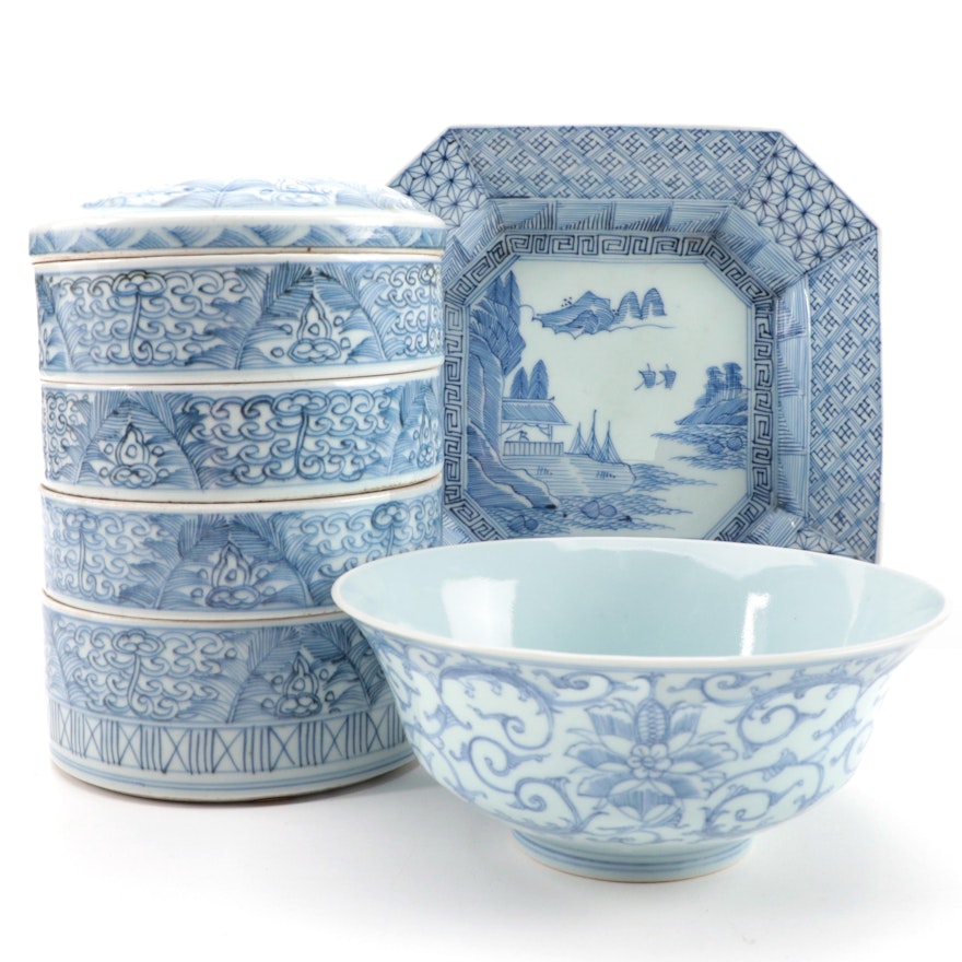 Chinese Blue and White Porcelain Stacking Bowls and Other Tableware