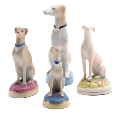 European Porcelain and Bisque Seated Greyhound Figurines