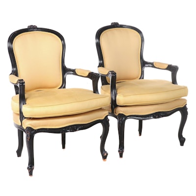 Pair of Louis XV Style Ebonized Beech and Custom-Upholstered Fauteuils