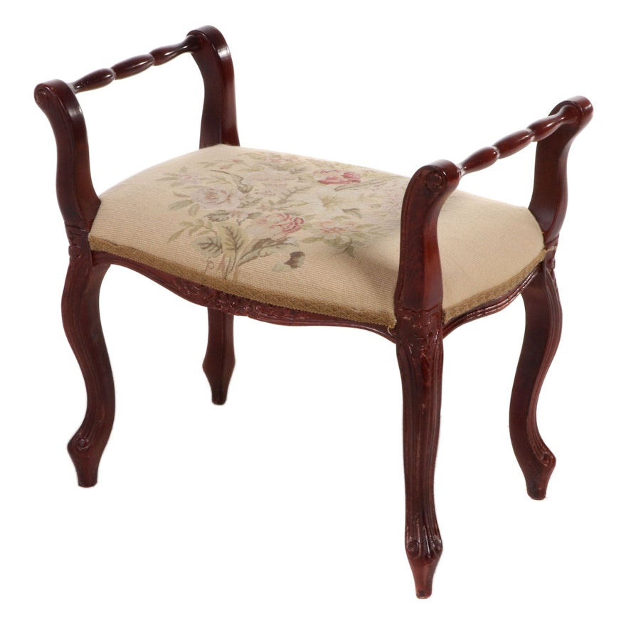 Louis XV Style Mahogany-Stained Beech and Floral-Upholstered Stool