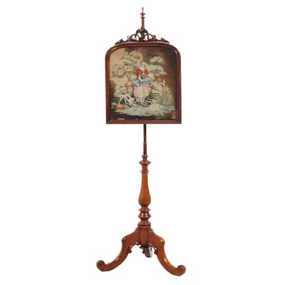 Early Victorian Walnut and Needlepoint Pole Screen, Mid-19th Century
