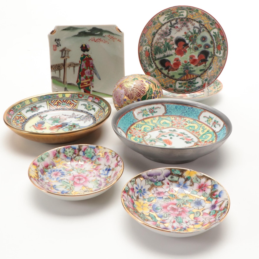Chinese Famille Rose and Other Porcelain Plates with Cloisonné Champleve Orb