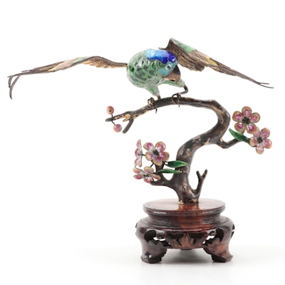 Chinese Cloisonné Parrot on Cherry Blossom Branch Figurine