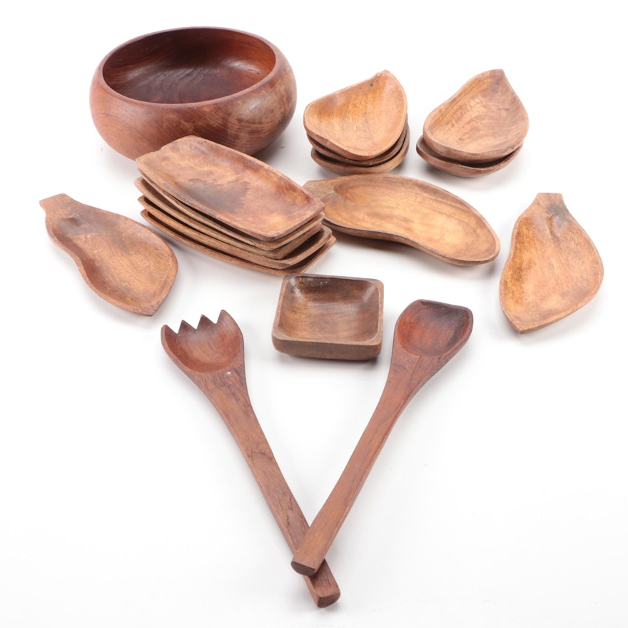 Carved Mango Wood Snack Trays with Other Wooden Tableware, Mid to Late 20th C.