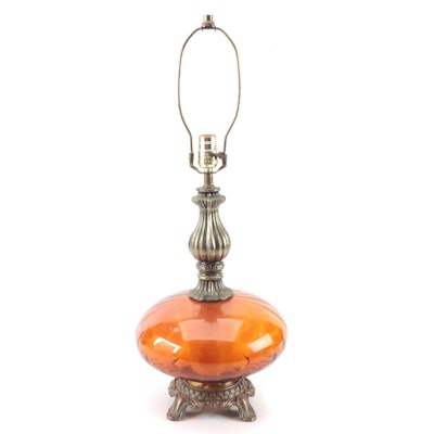 Amber Glass and Brass Table Lamp, Mid-20th Century