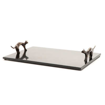 Michael Aram Black Marble Tray with Patinated Metal Figural Cat Handles