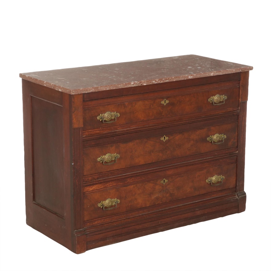Late Victorian Walnut, Burl Walnut and Rouge Marble Top Chest of Drawers