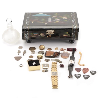 Japanese Abalone and Lacquerware Box, Perfume Bottles, Guitar Picks and More