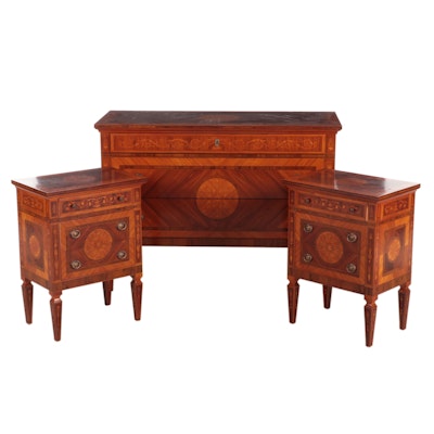 Italian Neoclassical Style Tulipwood and Marquetry Chest and Pair of Nightstands
