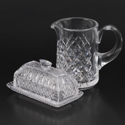 Waterford Crystal "Lismore" Covered Butter Dish and Other Pitcher