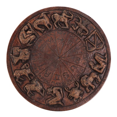 Wood Finish Plaster Cast Zodiac Dial Wall Hanging, Late 20th Century