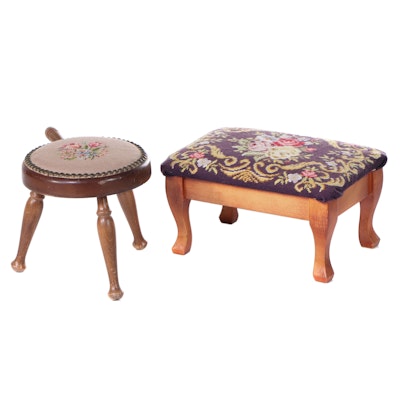 Two Colonial Style Wooden Footstools with Needlepoint Upholstery