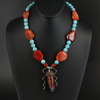 Sterling Agate and Magnesite Beaded Necklace with Copper Acorn Cap