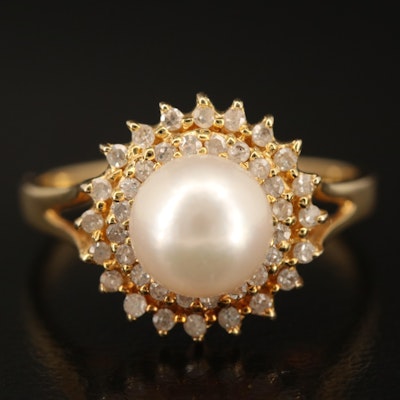 14K Pearl and Diamond Double Halo Ring
