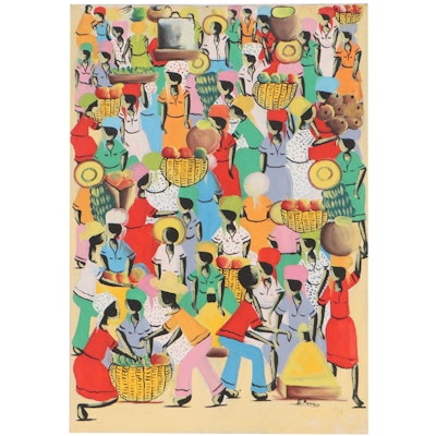E. Ramain Haitian Folk Art Oil Painting of Market Scene, Mid-Late 20th Century