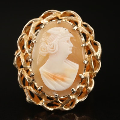 14K Shell Cameo Ring with Lattice Frame
