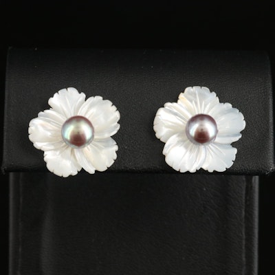 18K Pearl Stud Earrings with Carved Mother-of-Pearl Flower Jackets