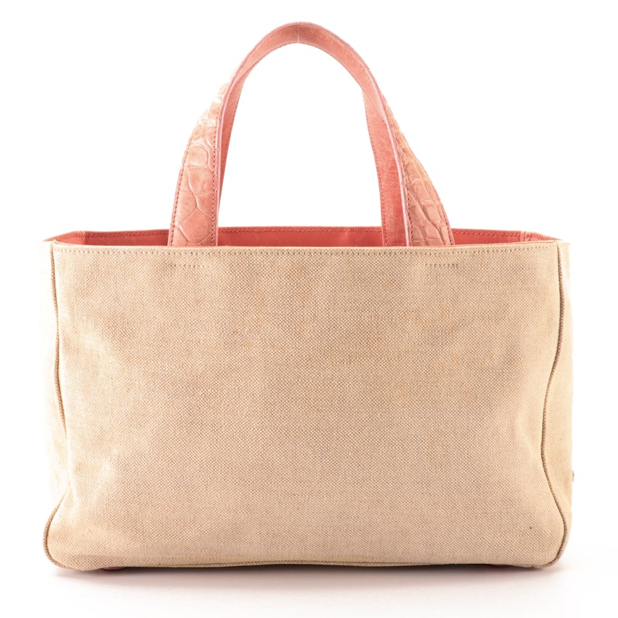 Prada Tote Bag in Linen and Embossed Leather