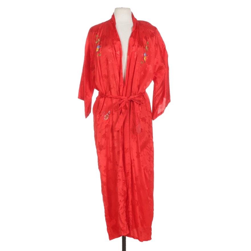 Chinese Embroidered Rayon Brocade Robe in Red with Tie Belt by Golden Bee