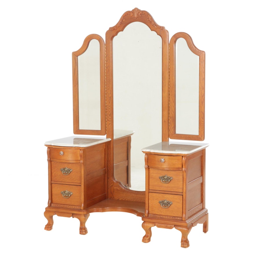 Lexington "Victorian Sampler" Oak and Faux Marble Top Vanity with Mirror