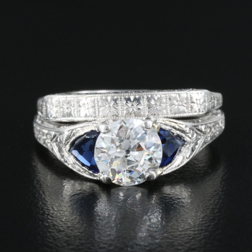 Platinum 1.22 CT Diamond and Sapphire Ring with Attached Band