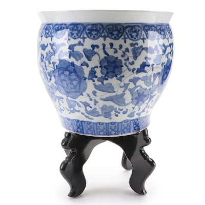 Chinese Porcelain Blue and White Fishbowl Planter on Wooden Stand