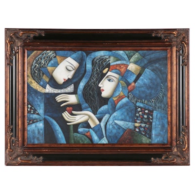 T. Karen Oil Painting of Two Stylized Figures