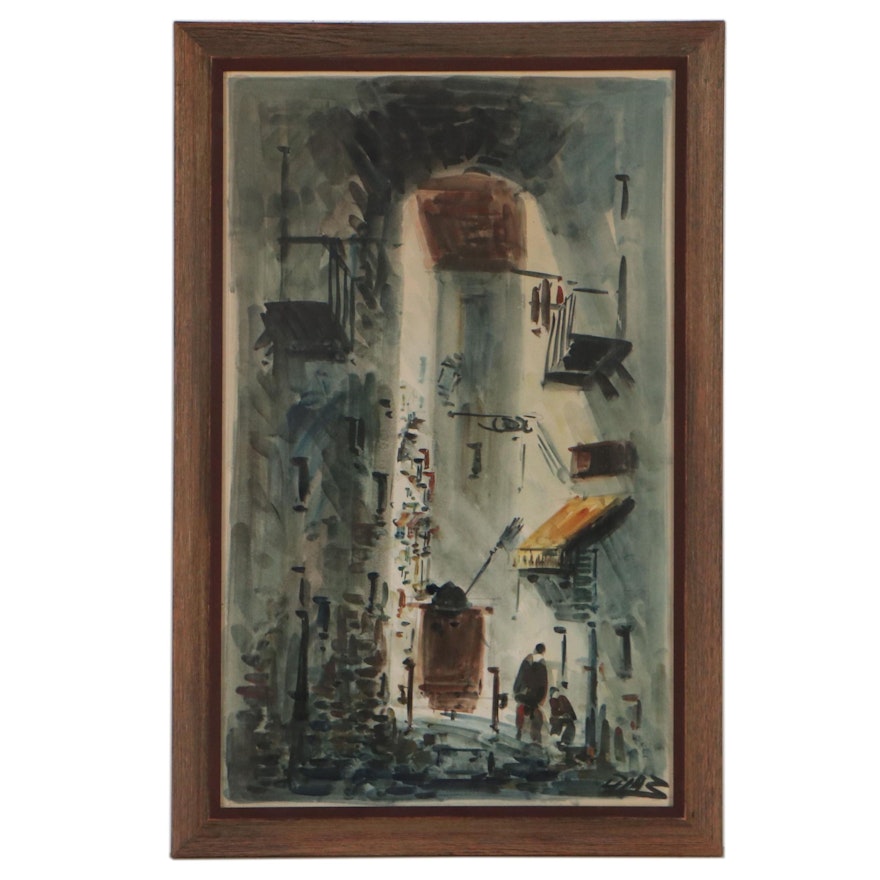 Abstract Watercolor Painting of City Alleyway, Late 20th Century