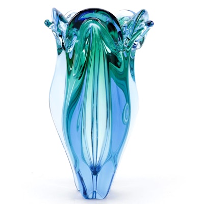 Blue and Green Abstract Floral Form Art Glass Vase