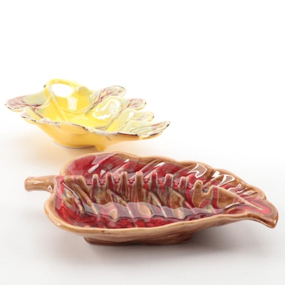 American Pottery Leaf Form Autumnal Ashtray and Bowl, Mid to Late 20th Century