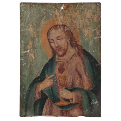 Mexican Retablo Painting of Sacred Heart of Jesus Christ With Chalice