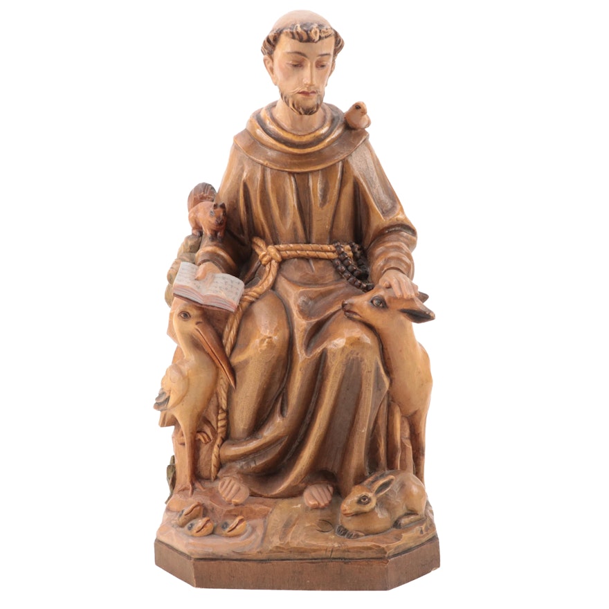 Italian Polychrome Carved Wood Statue of St. Francis of Assisi