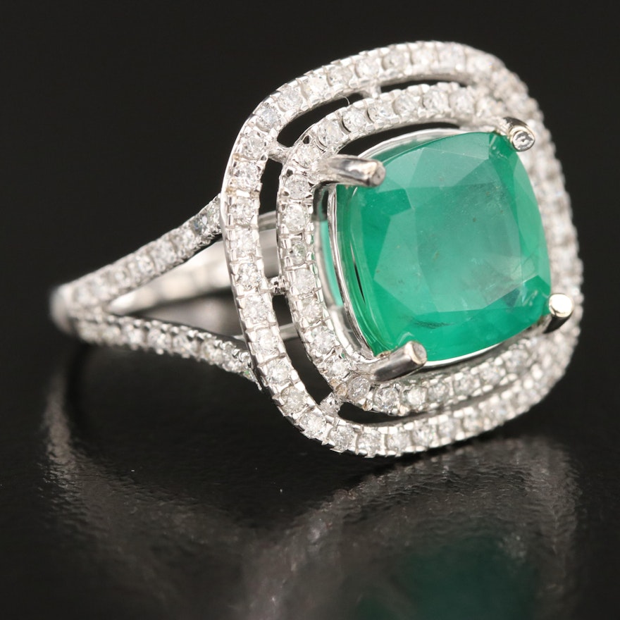14K 3.40 CT Emerald and Diamond Double Halo Ring