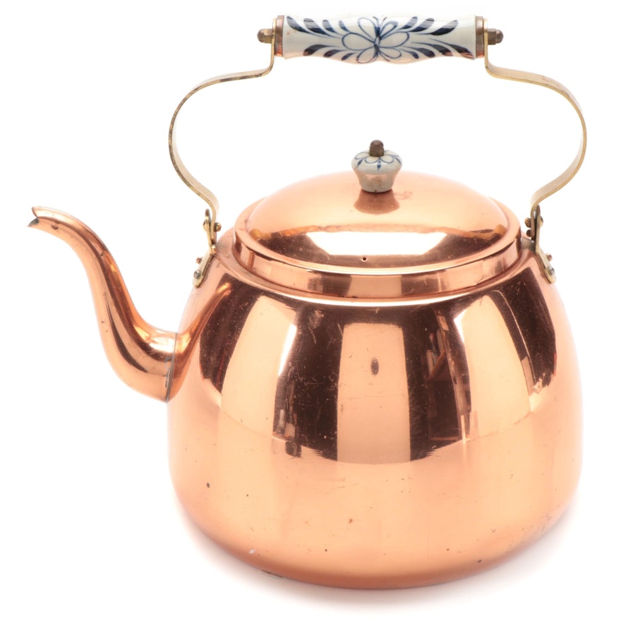 Copper Clad Tea Kettle with Blue and White Porcelain Handle