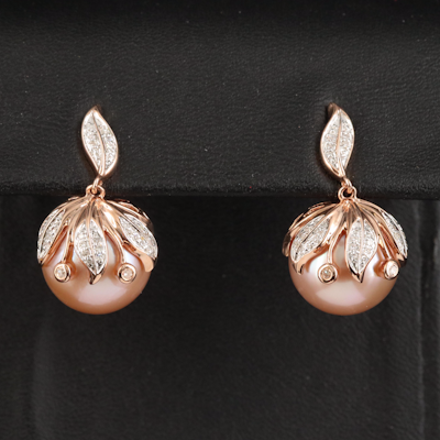 14K Rose Gold 13.10 MM Pearl and Diamond Earrings