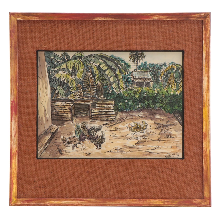 Tropical Watercolor Painting of Chickens, 1964