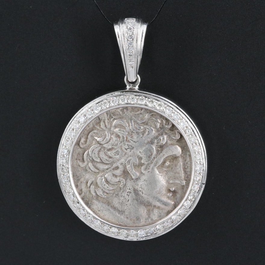 Ancient Greek 950 Silver Coin Pendant in 14K 0.72 CTW Diamond Frame