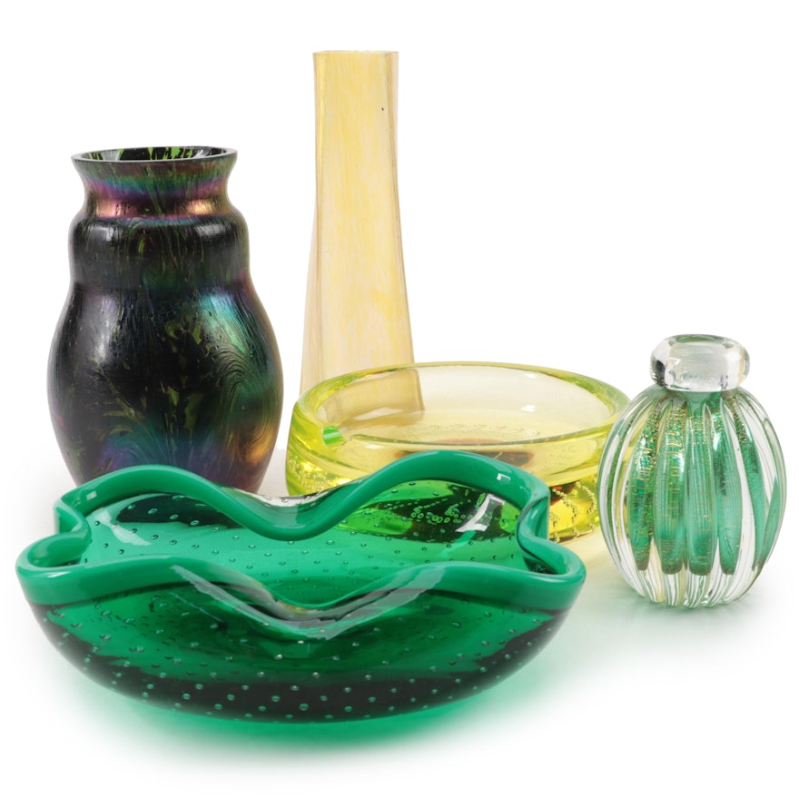 Controlled Bubble Uranium Glass Ashtray with Other Art Glass Vases and More