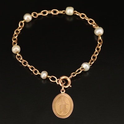 Vintage 18K Pearl Station Bracelet with Virgin Mary Medallion