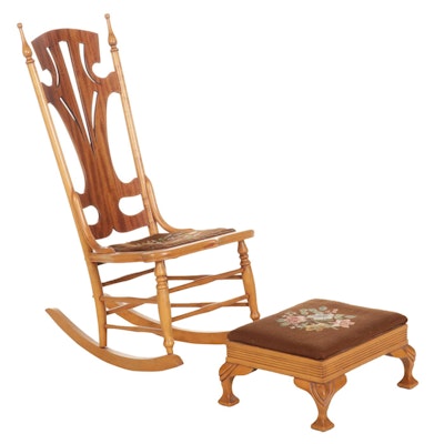 Art Nouveau Maple and Walnut Rocking Chair and Footstool with Needlepoint Covers