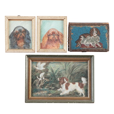 Dog Themed Watercolor Paintings, Hand-Colored Rotogravure, and Pin Cushion