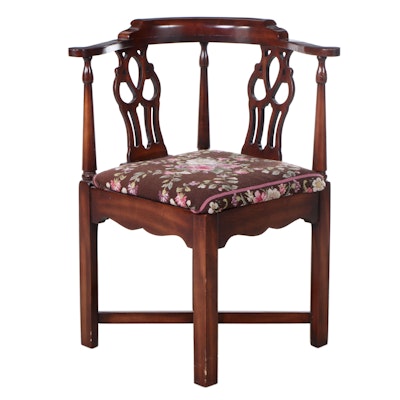 Chippendale Style Mahogany Corner Chair with Needlepoint