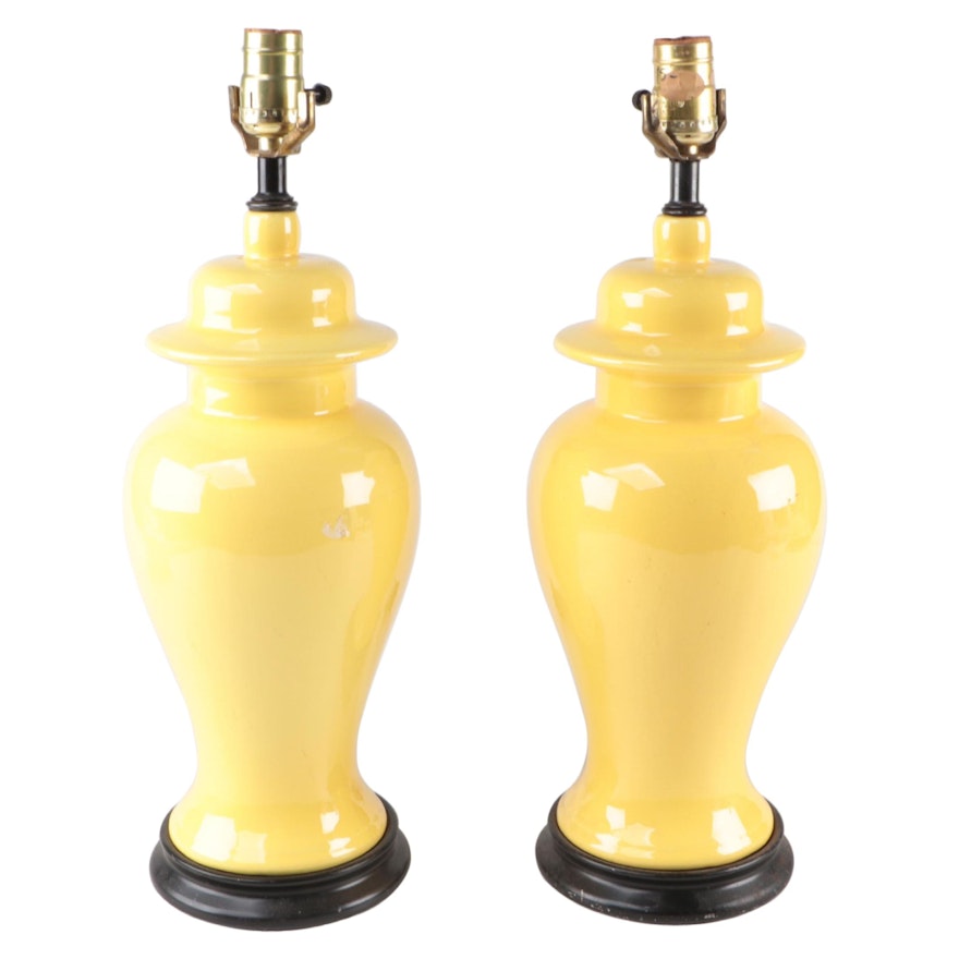 Pair of Imperial Yellow Glazed Ceramic Temple Jar Form Table Lamps, Mid-20th C.
