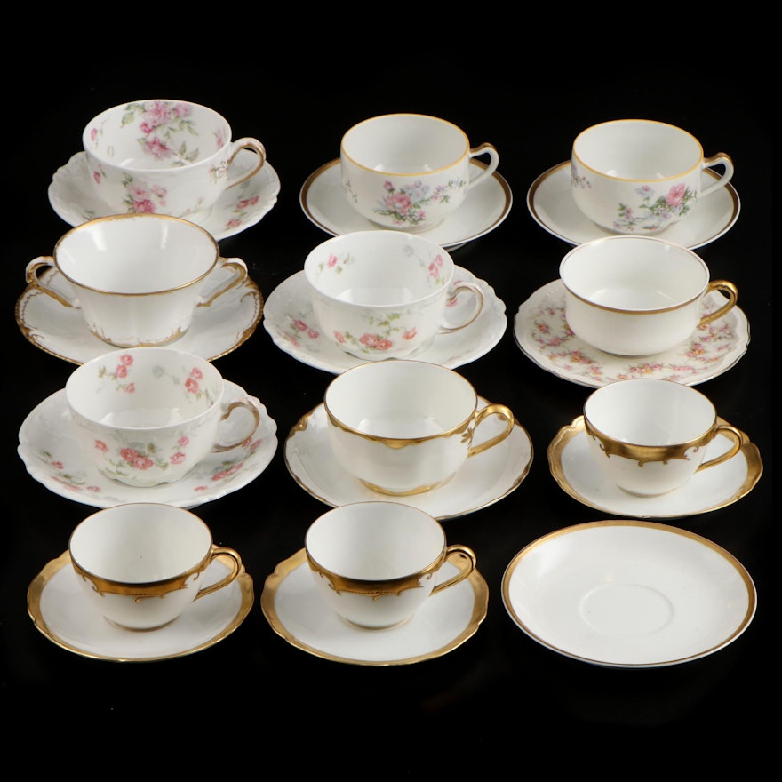 Haviland, J. Pouyat with Other Porcelain Teacups, Saucers and Cream Soup Cup