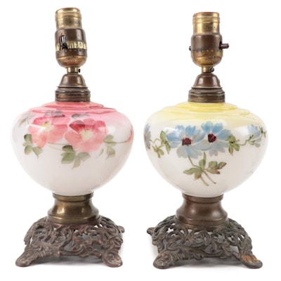 Hand-Painted Milk Glass Table Lamps, Mid-20th Century