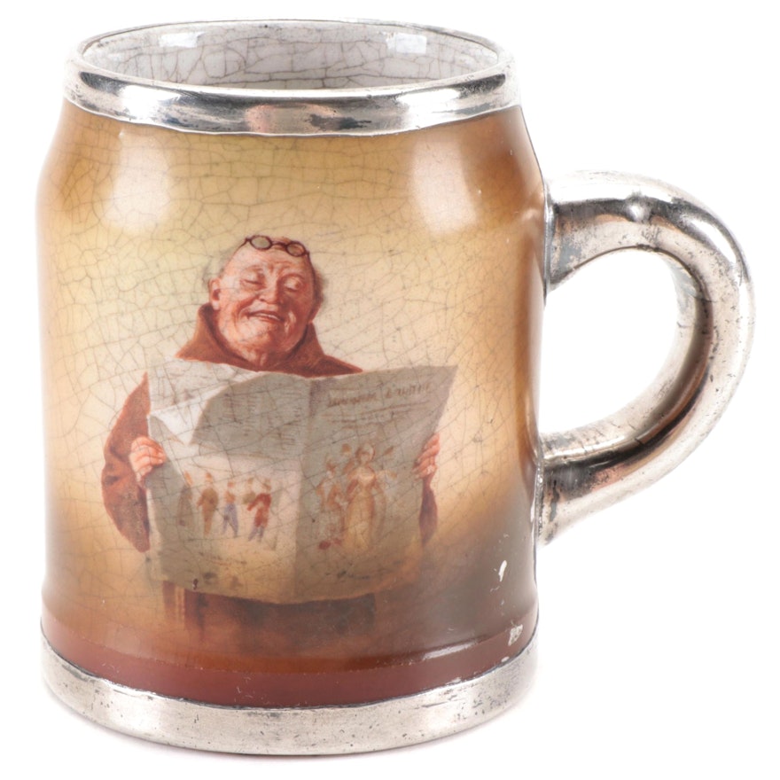 Fine Silver Rimmed Transferware Porcelain Friar Beer Mug, Early 20th Century