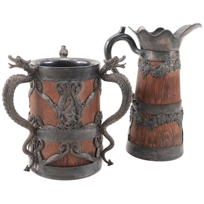 St. Louis Silver Co. Oak and Silver Plate Loving Cup and Pitcher, Early 20th C.