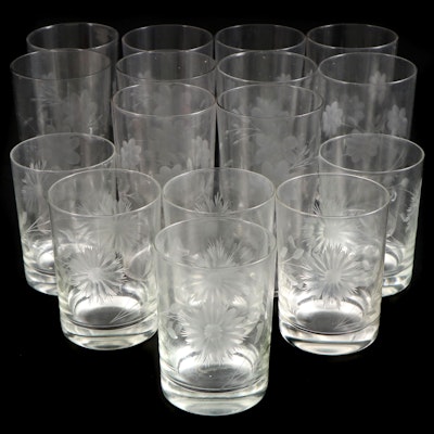 Floral Etched Glass Tumblers and Juice Glasses,  Early to Mid-20th Century