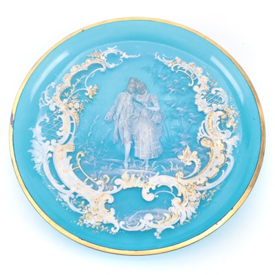 Bohemian Mary Gregory Enameled Aqua Glass Cabinet Plate, Late 19th Century