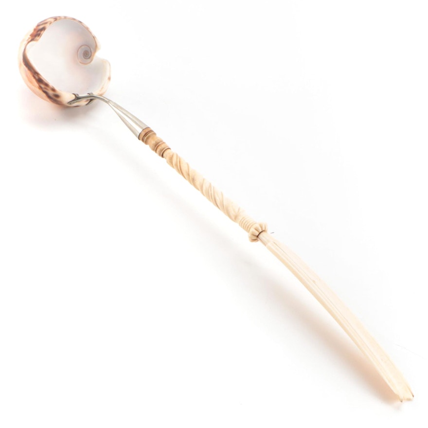 Hand Carved Cowrie Shell Punch Ladle with Twisted Bone Handle